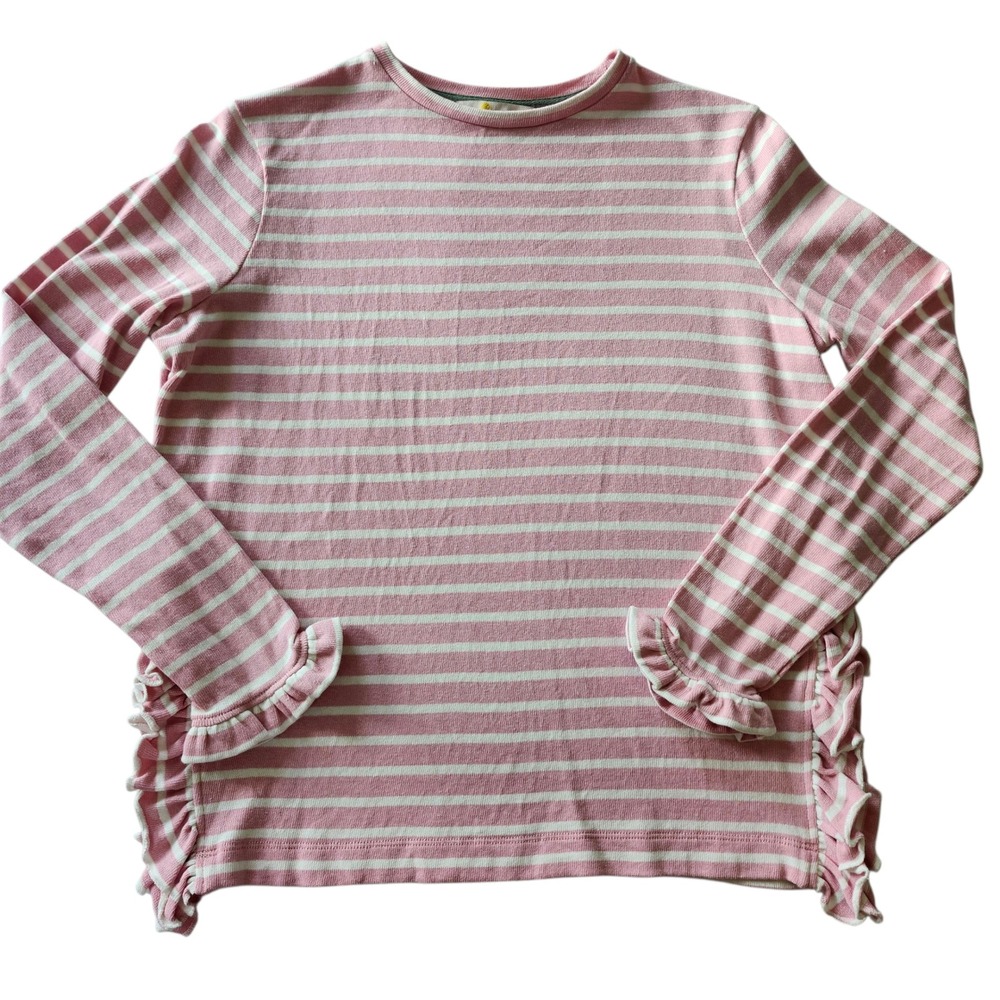 Boden Frilled Ruffle side split Long Sleeve Jersey Top Sweater Pink Striped sz 6